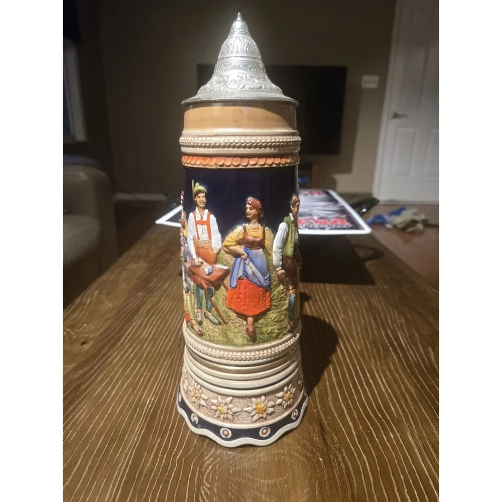 Vintage GERZ W Germany Musical Beer Stein Pewter Lid Tyrolean Dancers 13.5
